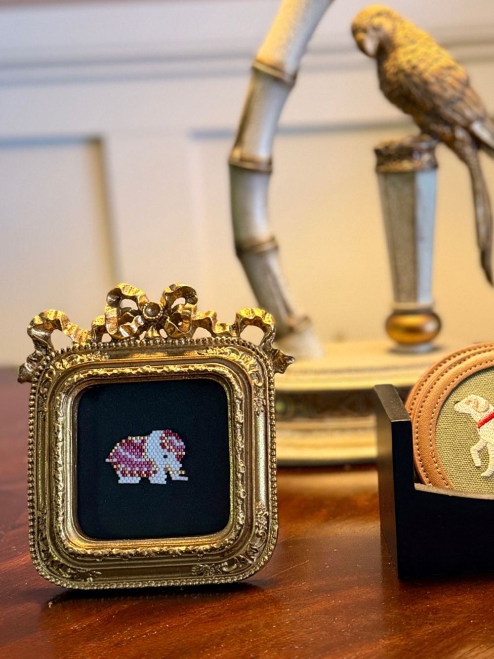 Hand-stitched Seed Bead Elephant Art, Miniature Ornate Gold Frame - Picture 3 of 7